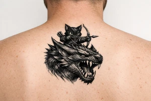 A fantasy illustration of a black Palico feline cat riding on the back of a Nargacuga wyvern dragon. High-fantasy digital art style matching the original game concept art. The camera is a dynamic vertical portrait, showing the dragon's head, snarling open mouth, muscular neck, and upper shoulders. The massive wings are cropped out of the frame entirely to keep the design narrow and vertical. On its back, a cute black cat with realistic cat features and large glowing yellow eyes is aiming a hunter's bow and arrow. Highly detailed but with clean, crisp lines, rich deep black and midnight blue shading, solid white background. No woodcut texture, no flat cartoon sticker style. tattoo idea