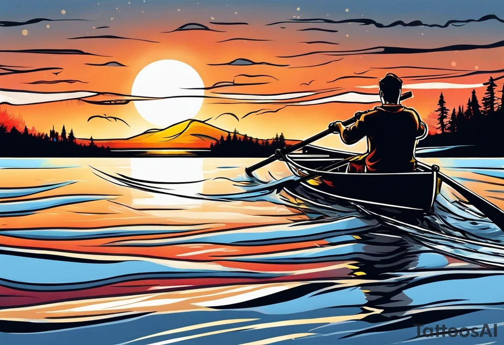 A man rowing in a boat through the water into the sunset tattoo idea