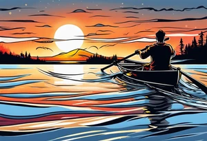 A man rowing in a boat through the water into the sunset tattoo idea
