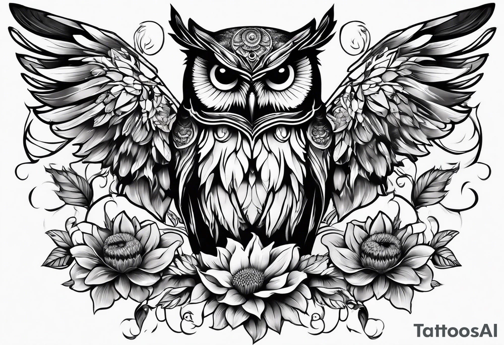 Sleeve with an owl, sunflower and butterfly tattoo idea