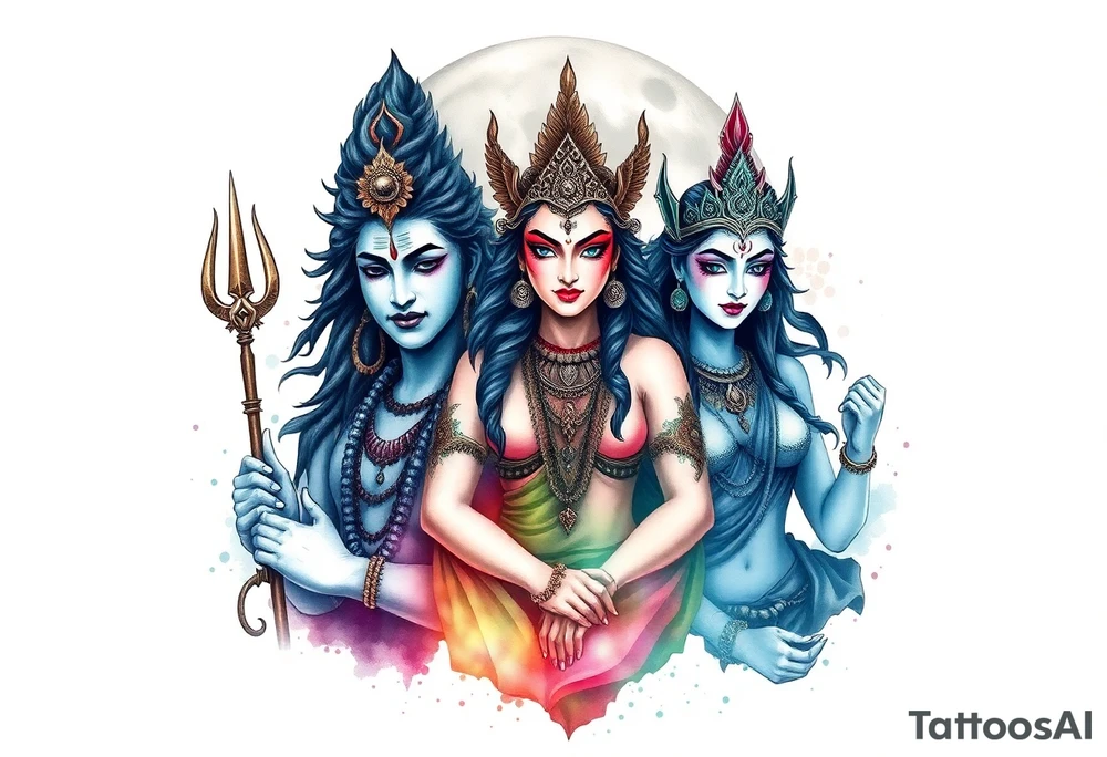 Lord Shiva, Godess Kali, Godess Lilith Together with the moon in the background tattoo idea