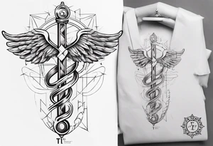 fine line caduceus with "T1D" at the top tattoo idea