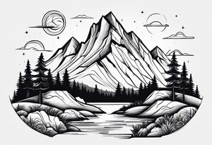 mountain and space in thick line art tattoo idea