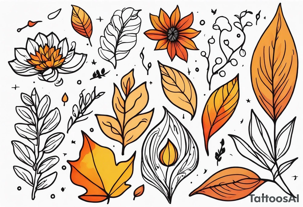 Full arm with fall colors, flowers, water, leaves and various shapes tattoo idea