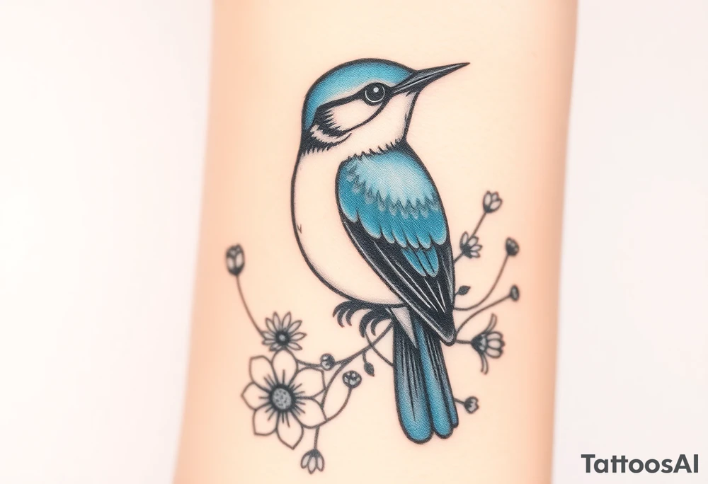 powerful majestic bluebird surrounded by wild flowers tattoo idea