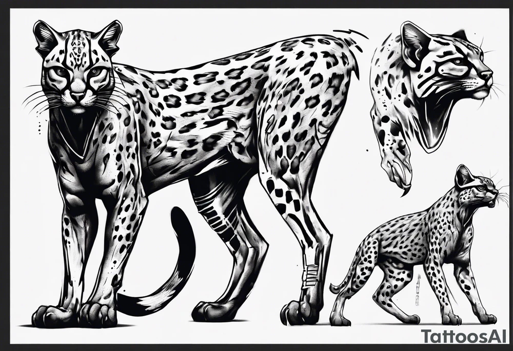cybernetic ocelot full body roar tattoo idea
