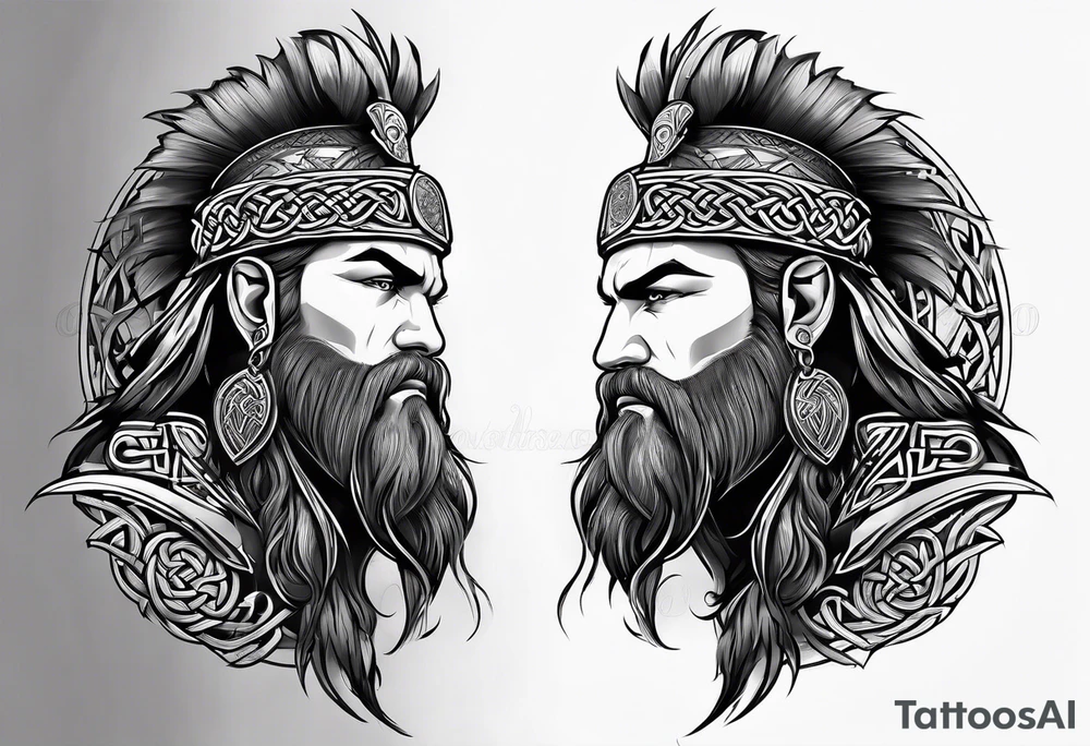 Side profile of Celtic warrior with weapons unsheathed tattoo idea