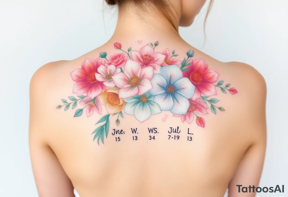 Looking for a cover-up tattoo with birthday month Bouquet of flowers pastel colors for months September, January, June, May, and July. tattoo idea