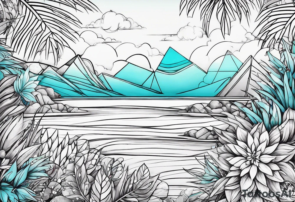 Ampulheta astrológica com detalhes geométricos e uma areia colorida em tons degradê de azul, turquesa e violeta tattoo idea