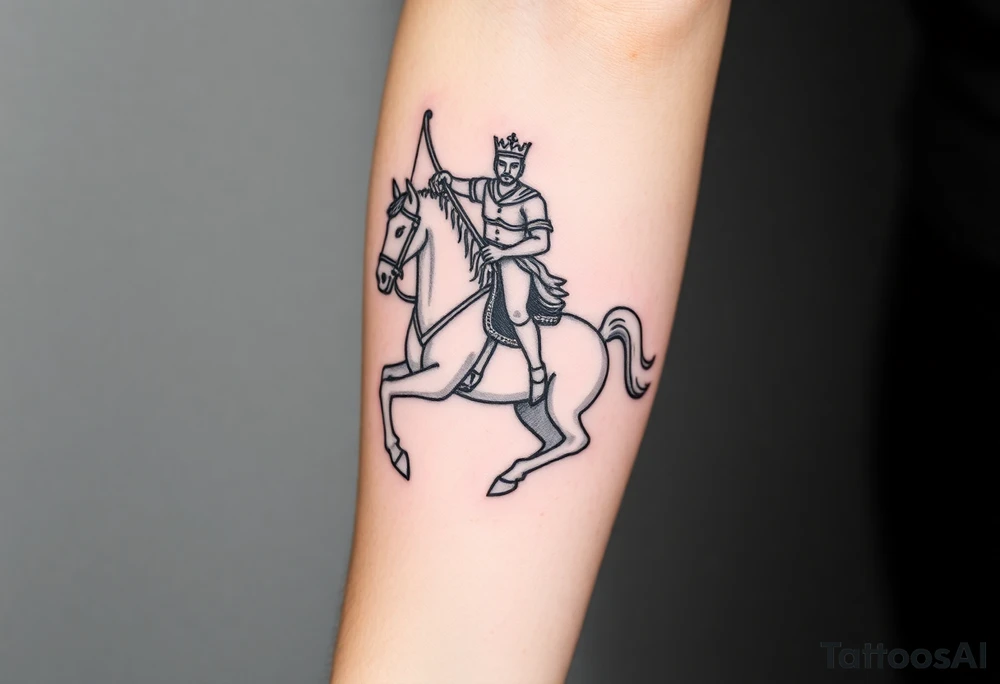 Generate an image of conquest on a white horse. Use this passage from Revelations: "And I saw, and behold a white horse: and he that sat on him had a bow; and a crown was given unto him: and he went forth conquering, and to conquer". Include the rider on a white horse wearing a crown and carrying a bow. Make the tattoo photo realistic tattoo idea