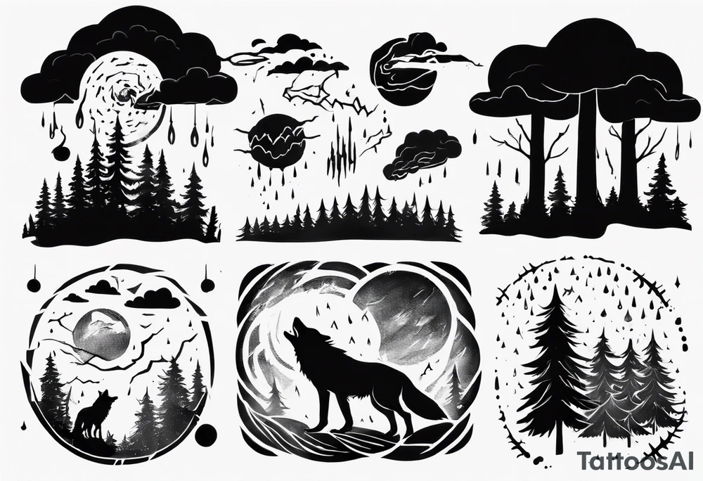 thunderstorm over a forest with a wolf howling on drums tattoo idea thunderstorm over a forest with a wolf howling on drums tattoo idea