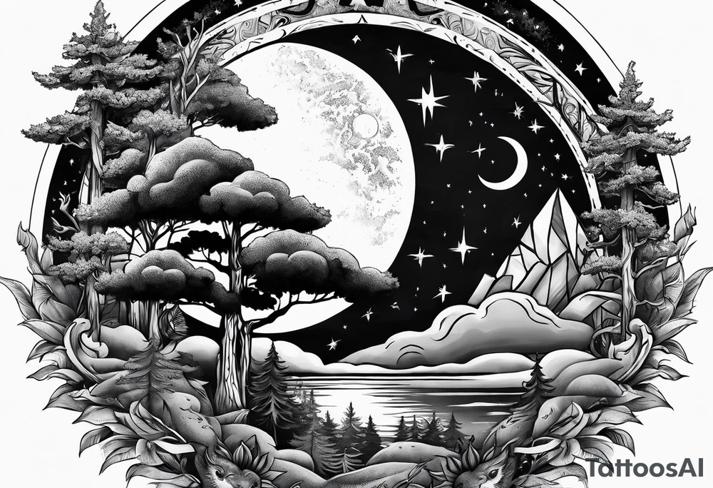 Sun and moon and fire forrest tattoo idea