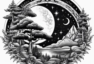 Sun and moon and fire forrest tattoo idea