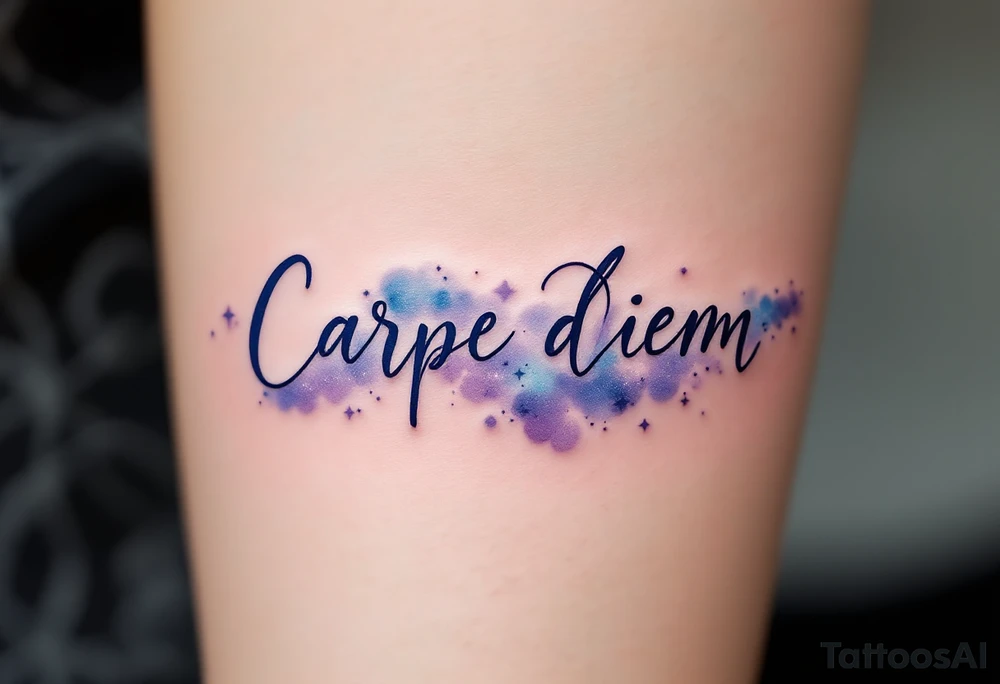 "Carpe Diem" in dark navy ink, placed over a soft watercolor galaxy in shades of purple and blue. tattoo idea