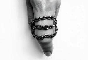 Chains wrapped on thumb and pointer finger connecting together on the hands tattoo idea