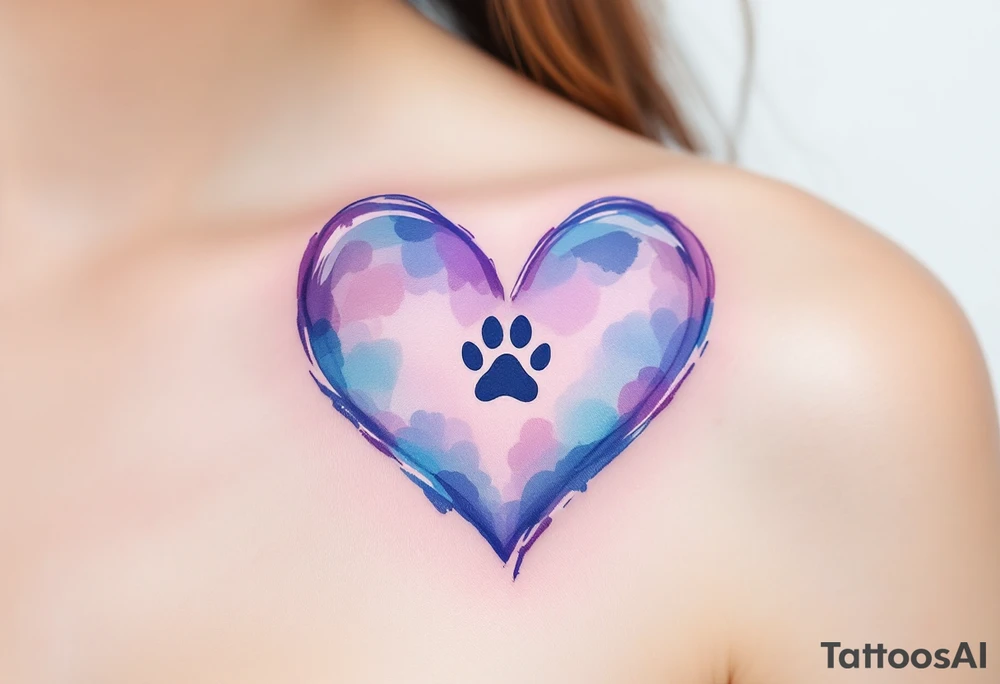 A heart created from soft, flowing watercolor brush strokes in shades of blue, pink, and purple. A small, black paw print sits at the center of the heart, creating a focal point. The watercolor effect radiates outward from the heart, blending seamlessly into the skin. Light Blue, Soft Pink, Purple (for watercolor), Black (for paw print). tattoo idea