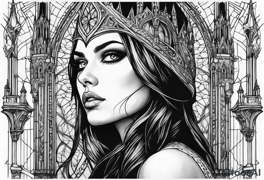 Gothic cathedral with beauty girl face with horror eyes and insects tattoo idea