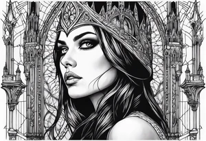 Gothic cathedral with beauty girl face with horror eyes and insects tattoo idea
