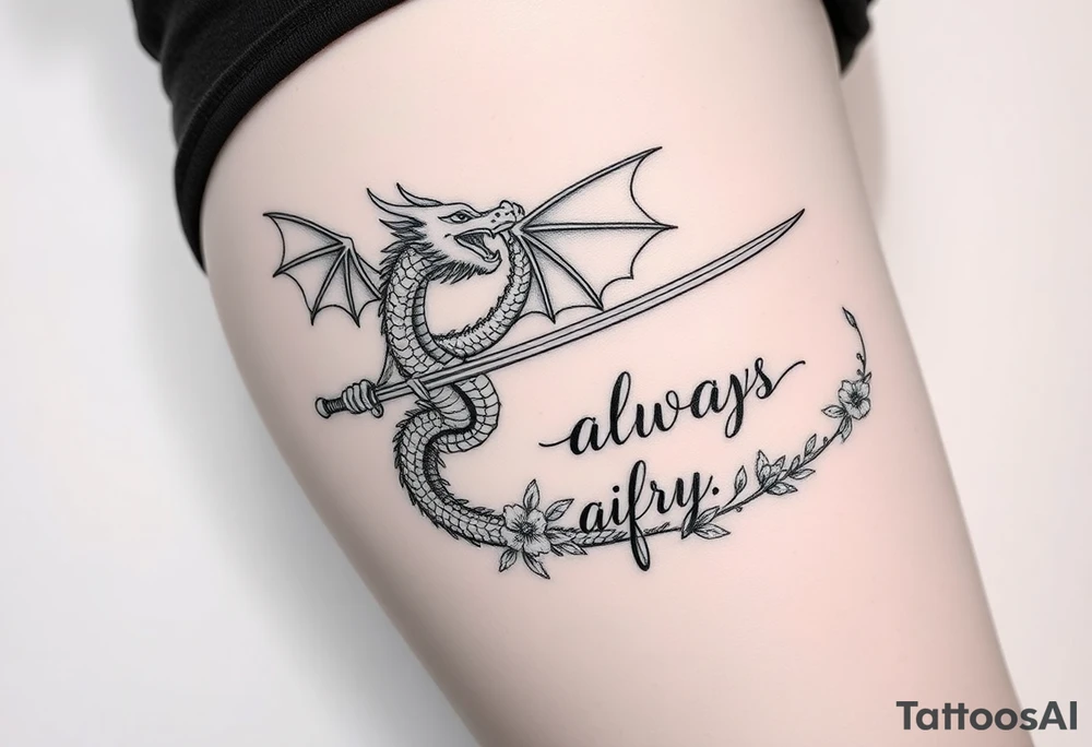 dragon volando en posición horizontal y jugando con las lineas naturales del cuerpo. Que se vea desde arriba.  Que se encuentre jugando con una espada y una tira de flores y que diga la palabra always tattoo idea