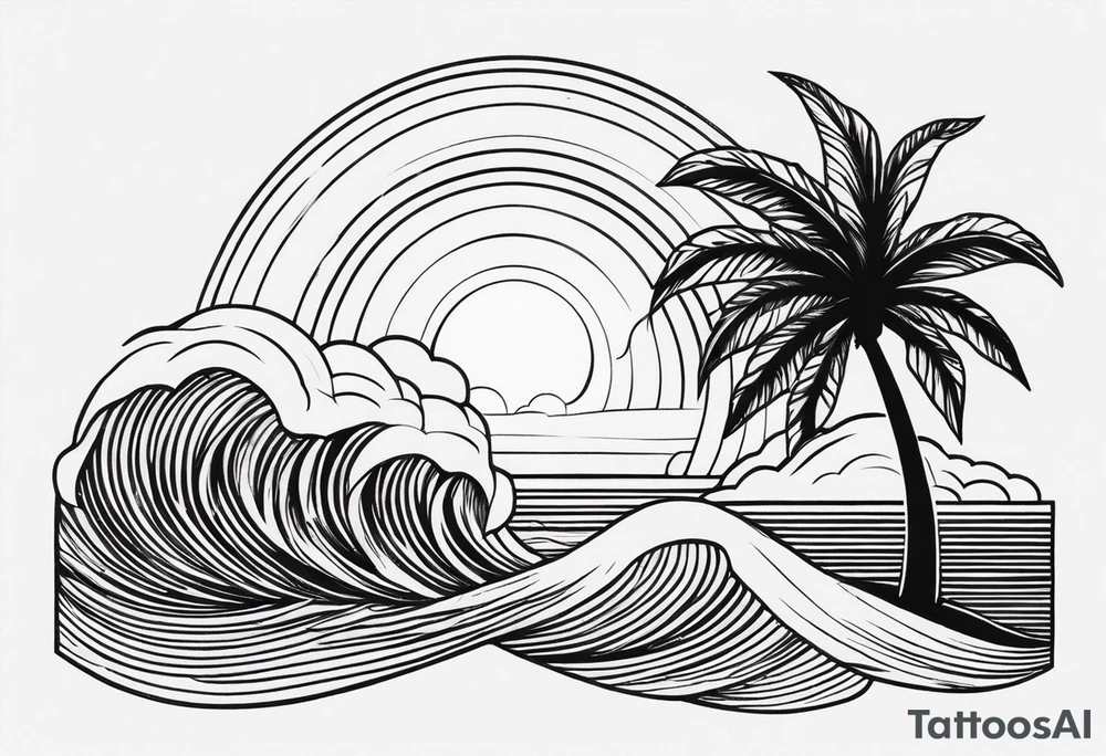 palm tree front of a sun and waves tattoo idea