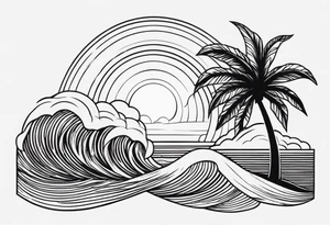 palm tree front of a sun and waves tattoo idea