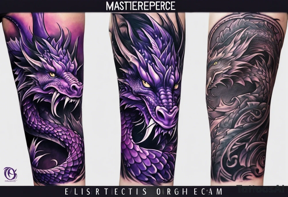 Purple dragon arm sleeve with an eldritch design tattoo idea