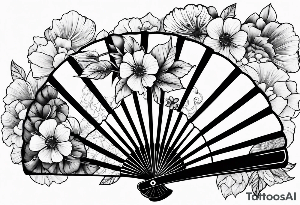 All Black Japanese fan with flowers tattoo idea