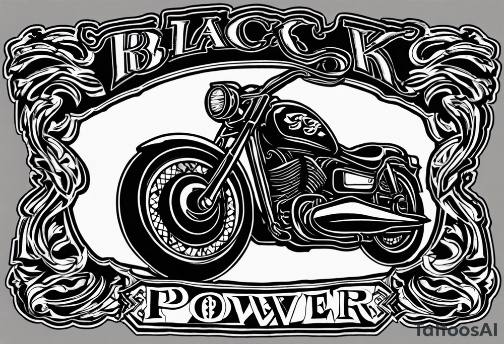 A tattoo of a three-piece motorcycle club patch with a centrepiece a top rocker snd a bottom rocker. 
The centre piece is an image well it’s a drawing of a clenched fist 
The top rocker curves around the top of the centrepiece and has the words “BLACK*POWER” written inside it as specified all in upper case and using the bold condensed benguiat font. The bottom rocker Curves around the bottom of this centrepiece and has the word “WAIKATO” written in it as specified all in uppercase and using the bold condensed benguiat font tattoo idea