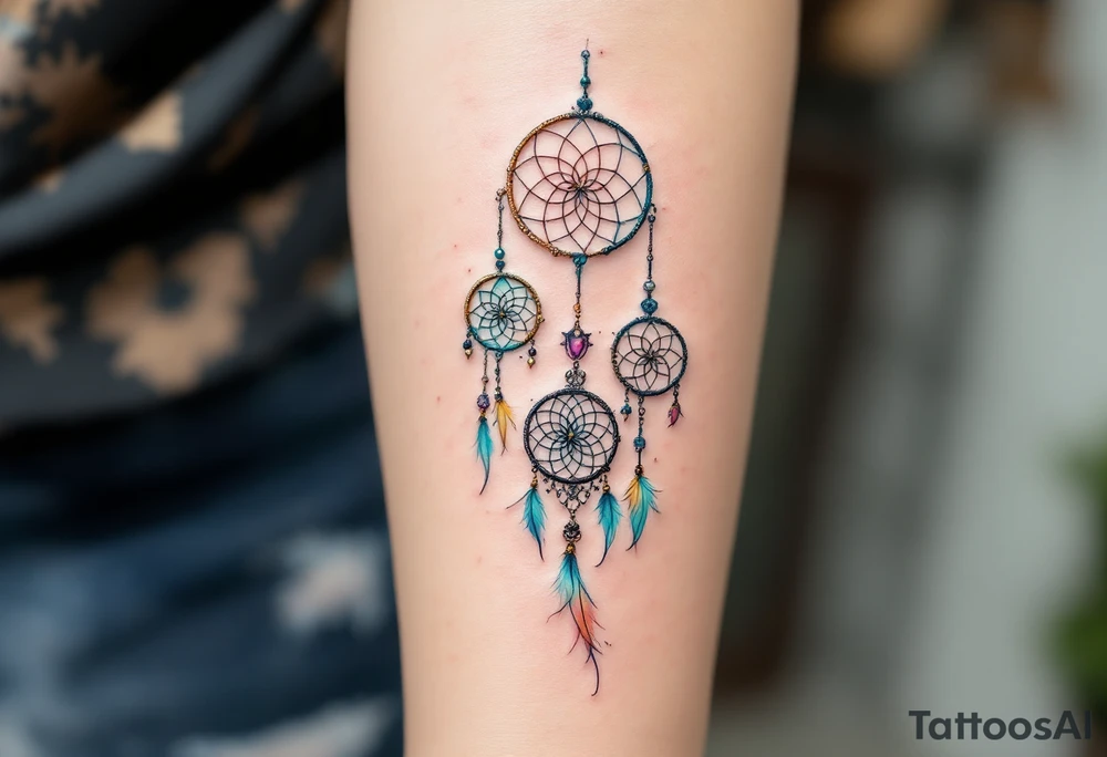 Three delicate dreamcatchers, each woven in a different hue—turquoise, gold, and silver—with small charms representing each person. tattoo idea