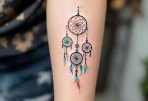 Three delicate dreamcatchers, each woven in a different hue—turquoise, gold, and silver—with small charms representing each person. tattoo idea