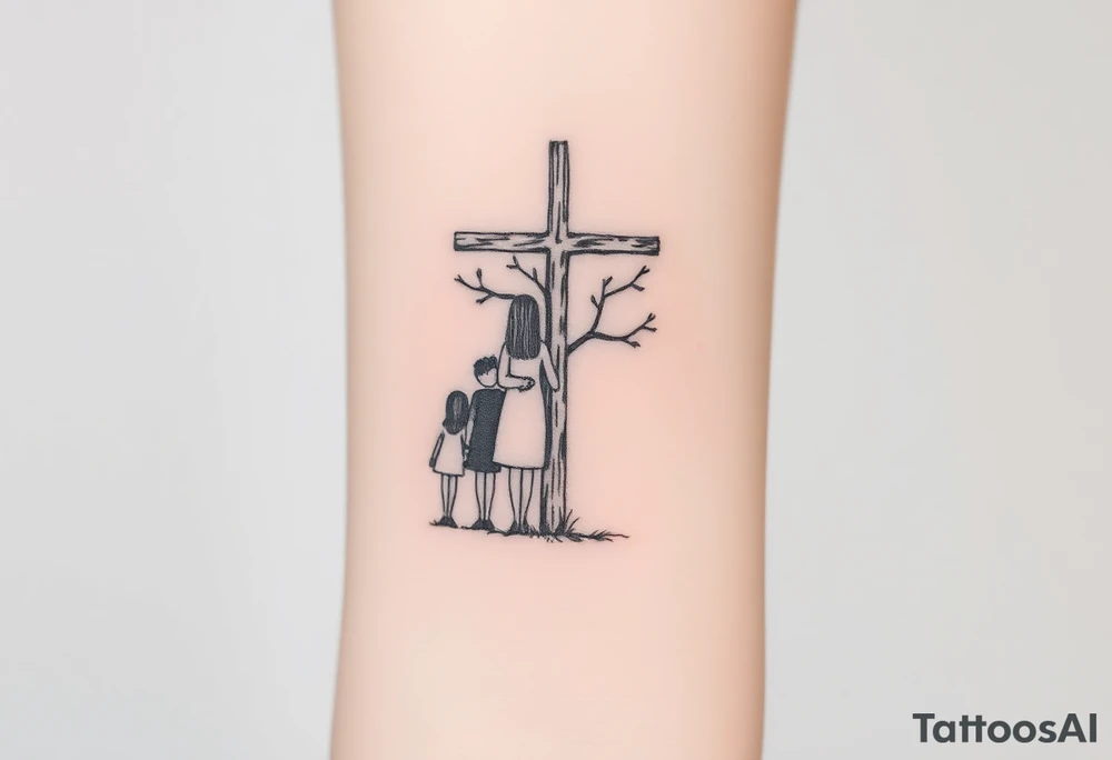 Family of 4 standing with weathered cross like a tree tattoo idea