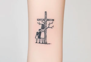 Family of 4 standing with weathered cross like a tree tattoo idea