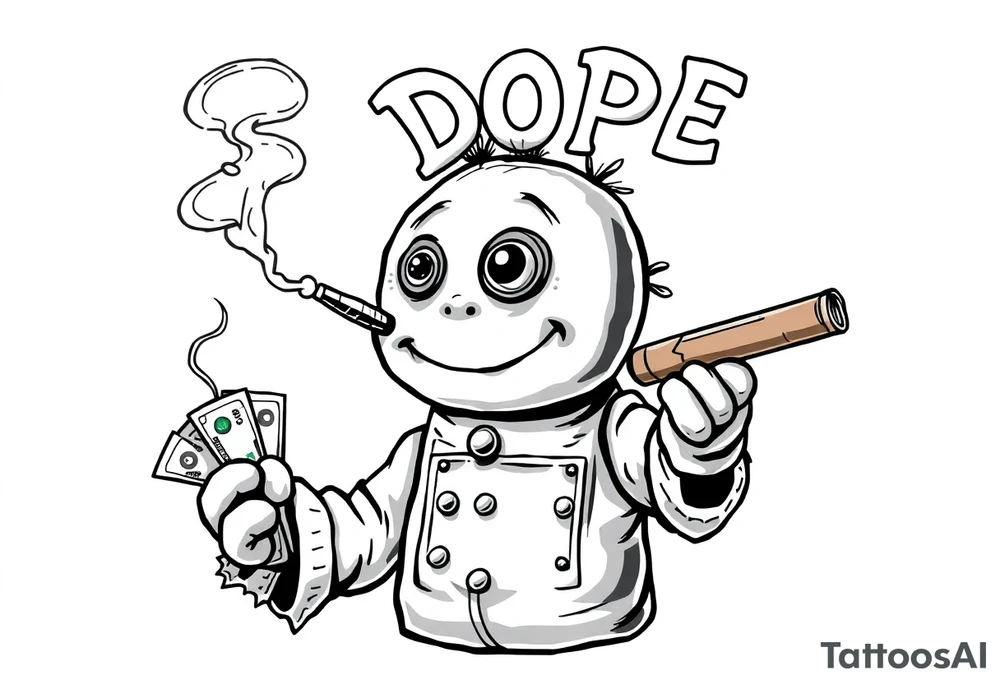 Stitched up rag doll with a button as one eye and some thread as the other. Holding some money in one hand and a cigar in the other hand. Smoke pouring off the cigar with the cloud of smoke above spelling out the word DOPE tattoo idea