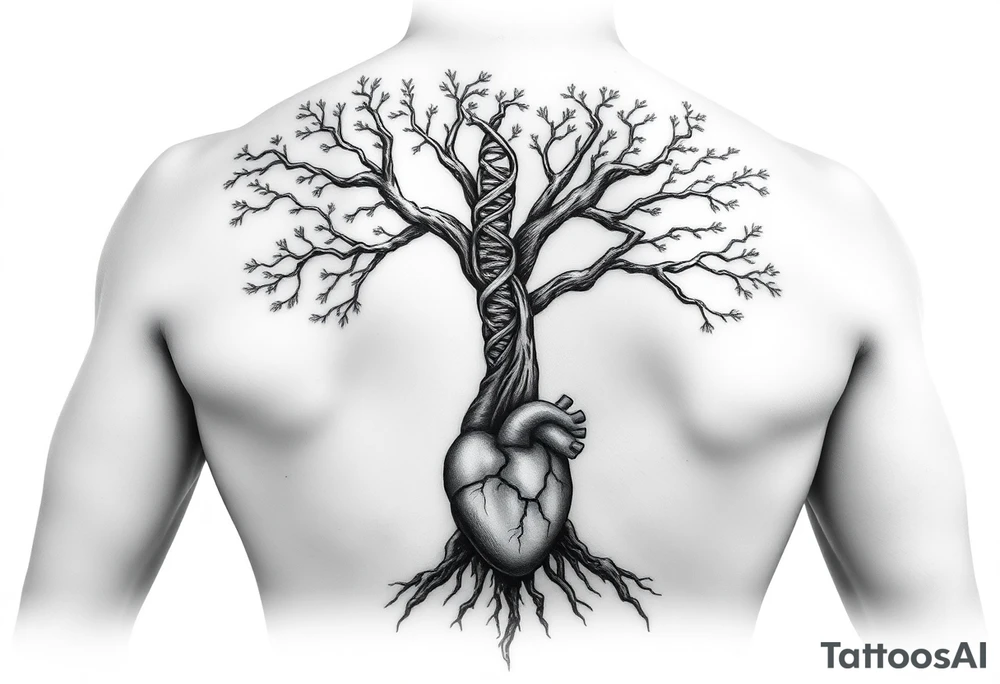 tree with DNA trunk with roots and anatomical heart on bottom inside the roots tattoo idea