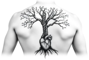 tree with DNA trunk with roots and anatomical heart on bottom inside the roots tattoo idea