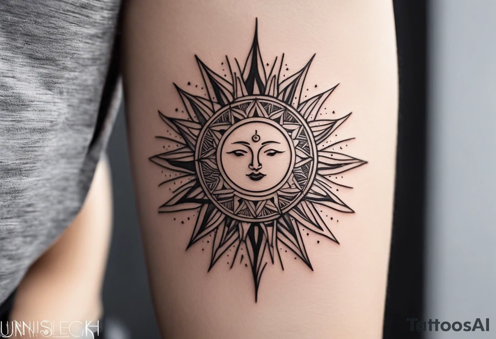 a mixture of minimalist/fine line/tribal tattoo design that is mainly minimalist with fine lines. unique Design of the sun that resembles a connection to the sun. It further resembles the sun's energy. Make it simple to draw and focus on the rays of sunshine
unique shape
simple design tattoo idea