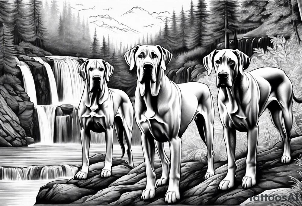 Arm sleeve-  with four Great Danes in front of waterfall tattoo idea