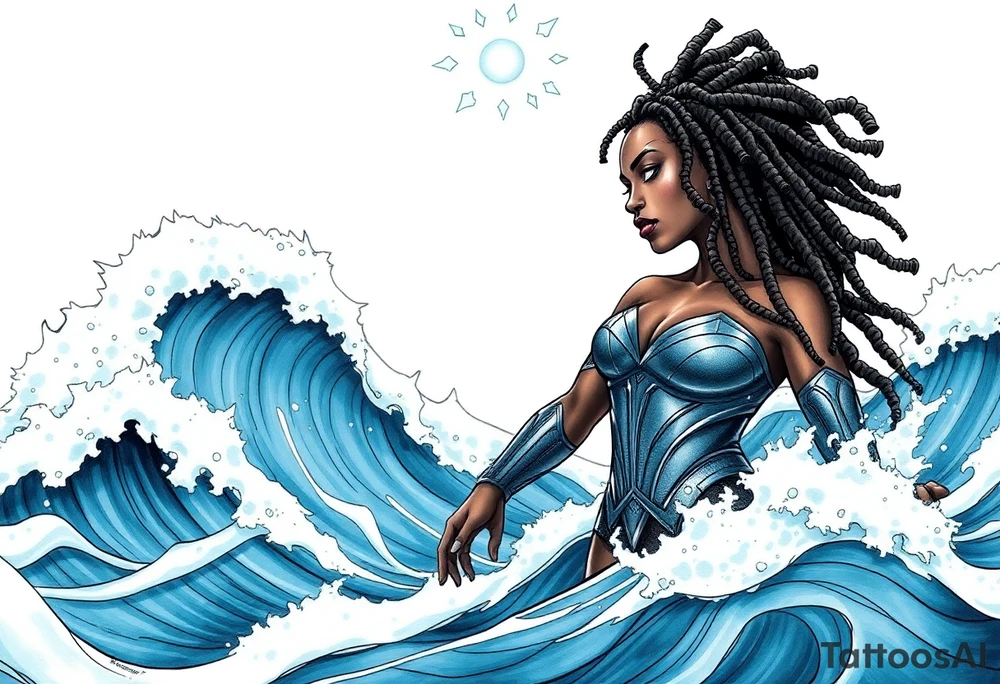 Create a comic book cover for a black female superhero named “Aqua Raven” have her standing in waves in the ocean with powers above her 
Show her with dreadlocs tattoo idea