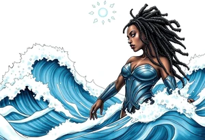 Create a comic book cover for a black female superhero named “Aqua Raven” have her standing in waves in the ocean with powers above her 
Show her with dreadlocs tattoo idea