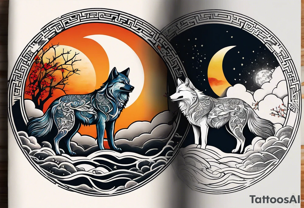Two wolves—Sköll and Hati—one chasing the sun and the other chasing the moon. You could position them on opposite sides of a circular design with the sun rising and the moon setting at the top and bottom. tattoo idea