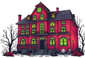 Tim Burton’s hotel from outside viewis abandoned and dripping with muted reds, dusty pinks, and eerie green glow. tattoo idea tattoo idea