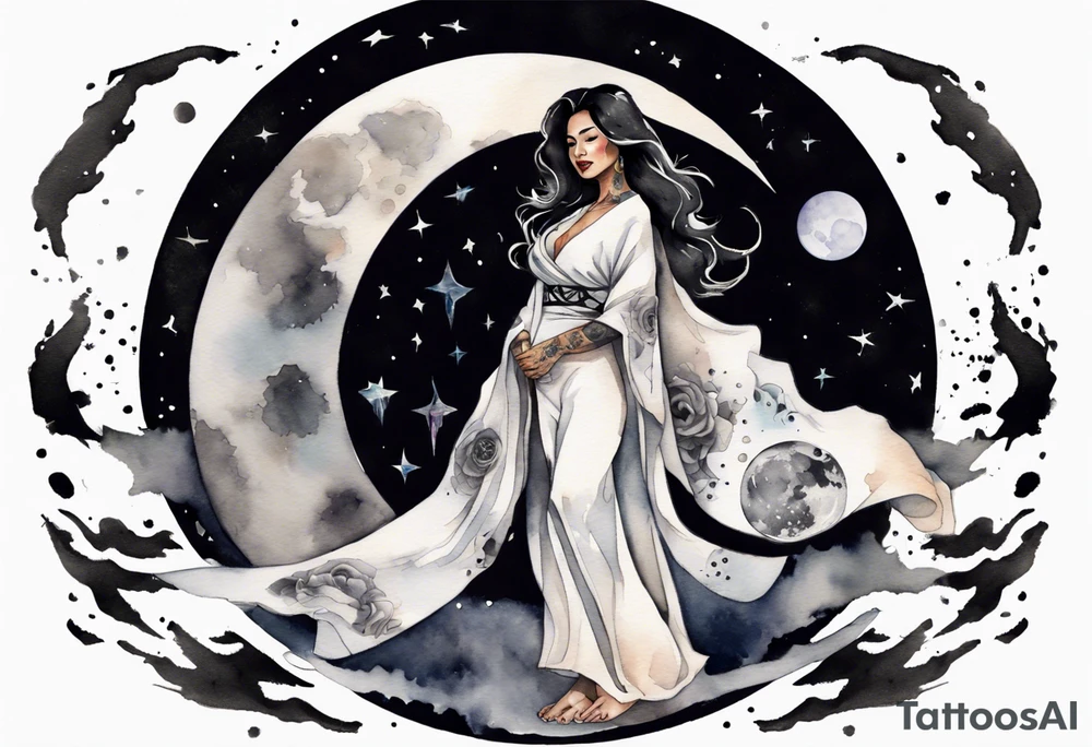 a watercolor of a beautiful 40-year-old latina woman wearing black and white robes standing on the moon tattoo idea