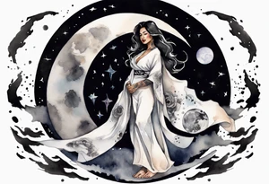 a watercolor of a beautiful 40-year-old latina woman wearing black and white robes standing on the moon tattoo idea
