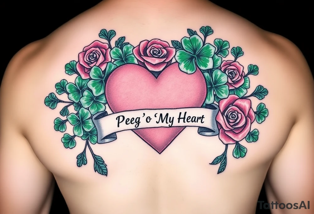 A lot of green shamrocks & a few red roses with a big Pink heart and a banner across the heart that says " Peg 'o My Heart" tattoo idea