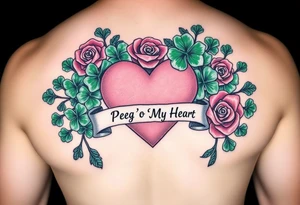 A lot of green shamrocks & a few red roses with a big Pink heart and a banner across the heart that says " Peg 'o My Heart" tattoo idea
