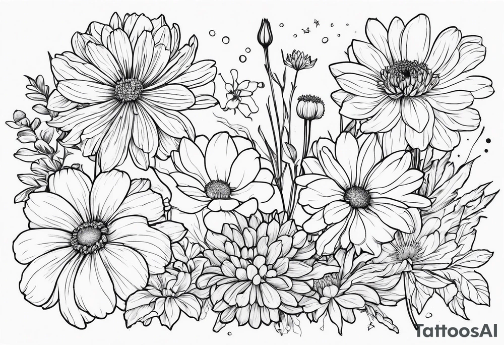 cosmos, chrysanthemums,and narcissus flower arrangement for a tattoo on the fore arm tattoo idea