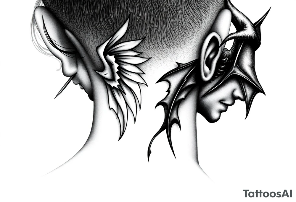 position behind the neck Angel (on the right) whispering in the right ear, demon (on the left) whispering in the left ear. It must be as realistic as possible. tattoo idea