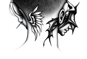 position behind the neck Angel (on the right) whispering in the right ear, demon (on the left) whispering in the left ear. It must be as realistic as possible. tattoo idea