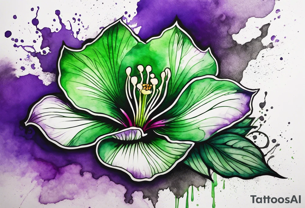A mystical outline of a green and purple rio dipladenia flower and a green and purple watercolor splash in the background tattoo idea
