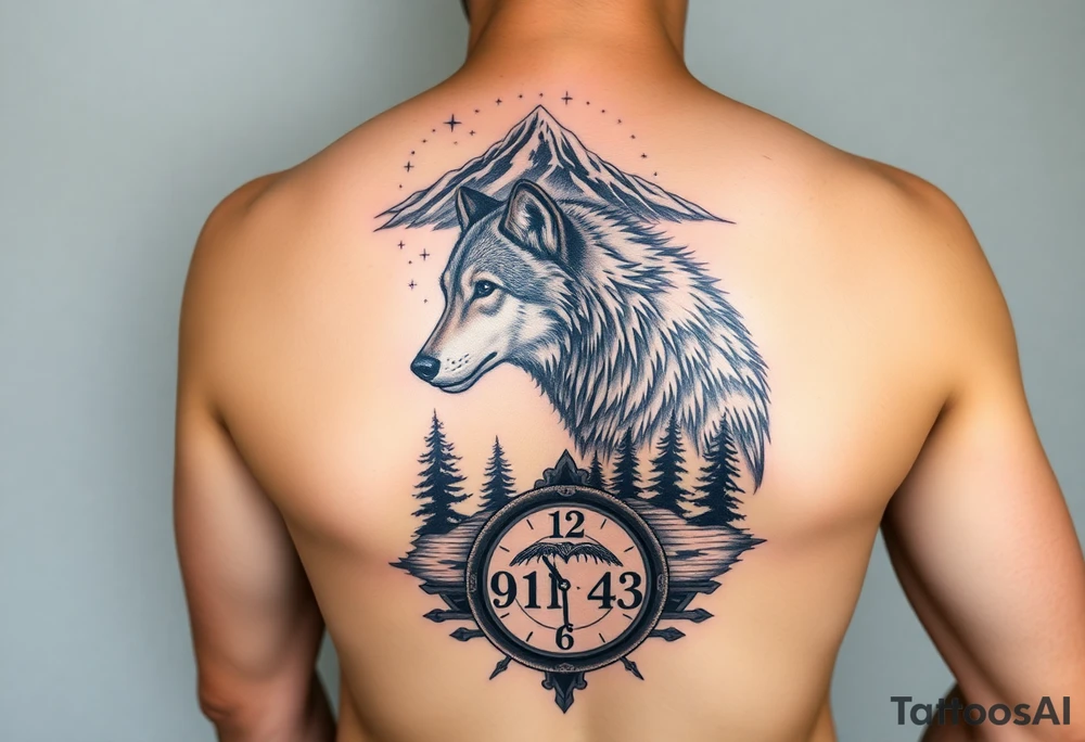 A full sleeve tattoo on left arm. At the top should be a majestic mountain top surrounded by the night sky and stars. Below the mountain top should be a majestic father wolf watching over his son. There should be water showing the reflections of both of the wolves. Beneath the water should be a time clock that shows the time as 1:43. There should be trees to fill in the gaps. tattoo idea